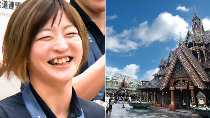 角田夏実選手（左）と東京ディズニーシー「ファンタジースプリングス」