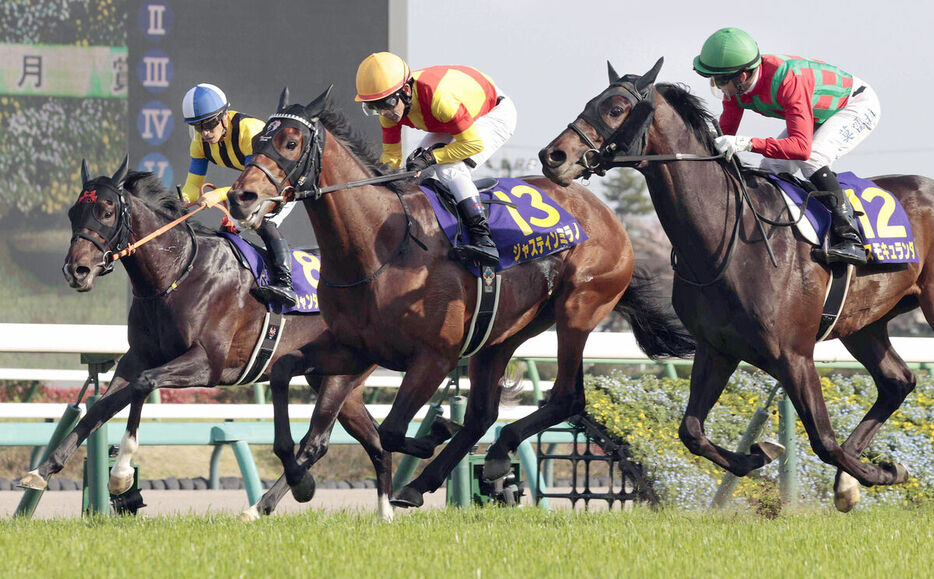 皐月賞を制したジャスティンミラノ（中）（カメラ・荒牧　徹）