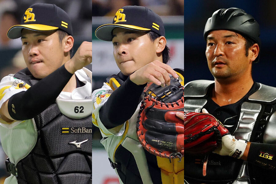 ソフトバンク・海野隆司、谷川原健太、嶺井博希（左から）【写真：栗木一考、小林靖】