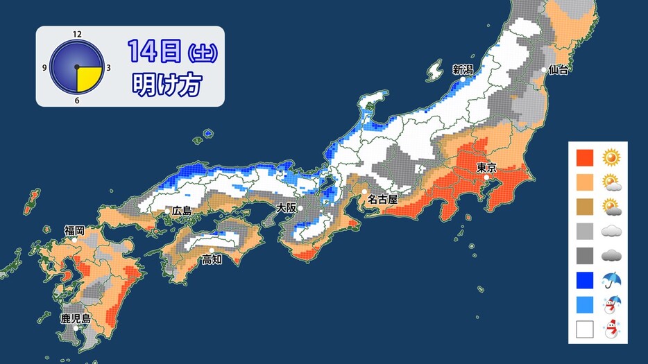 14日(土)明け方の天気分布