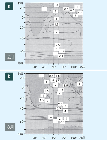 図4　インド洋の平均波高分布(単位:メートル)〈和達(1987)より〉