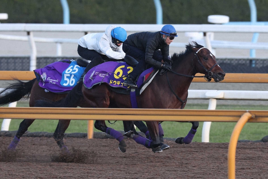 武豊が騎乗し、CWコース馬なりで好時計をマークしたドウデュース（右）