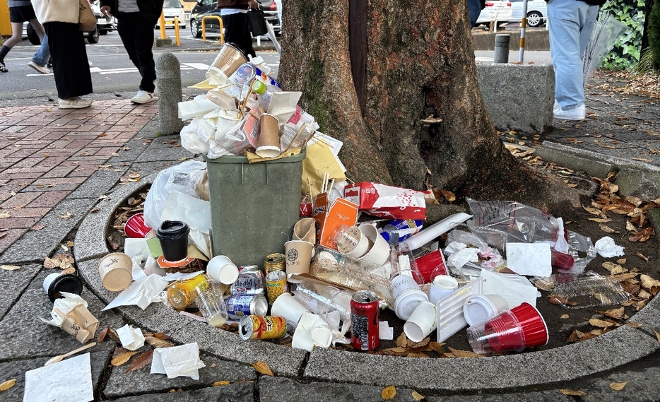 湯の坪街道の木の下に散乱したごみ＝11月23日、由布市湯布院町川上