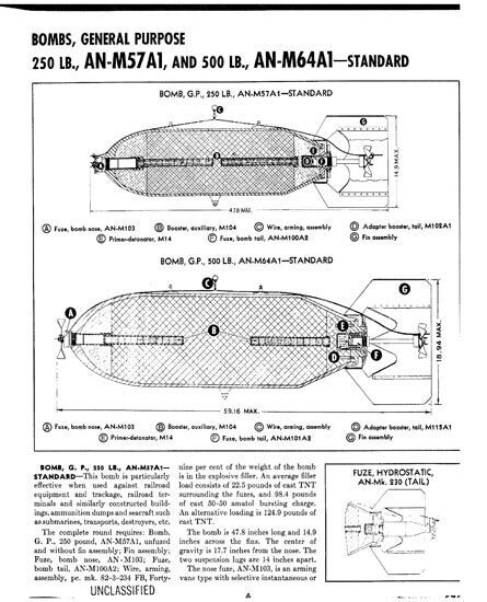 米陸軍省の「兵器一覧」に記載された500ポンド通常爆弾（下）の図（山本達也さん提供）