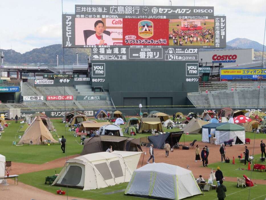 グラウンド一面に張られたテント＝11月30日、広島市南区のマツダスタジアム（矢田幸己撮影）