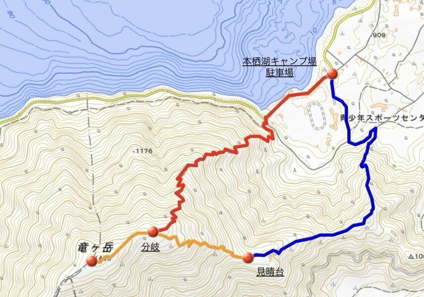 本栖湖の南岸に位置する「本栖湖キャンプ場」からの周回コース（国土地理院地図より引用）