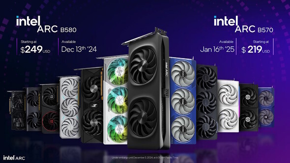 Intel Arc B570／B580 Graphics搭載のグラフィックスカード（中央はIntel純正のIntel Arc B580 Limited Edition）