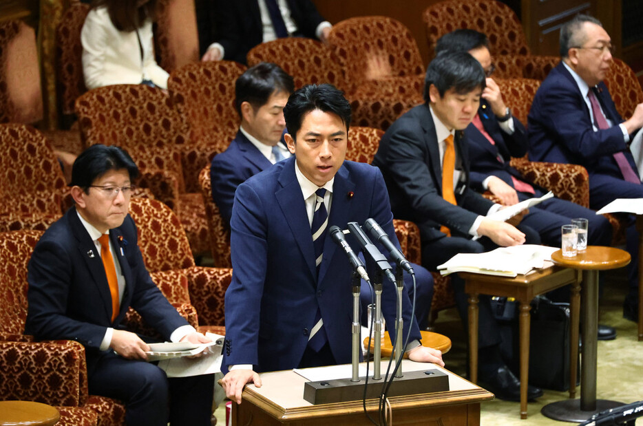 参院政治改革特別委員会で答弁する自民党の小泉進次郎氏＝１８日、国会内