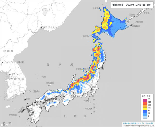 31日午後4時の積雪の深さ（気象庁のサイトから）