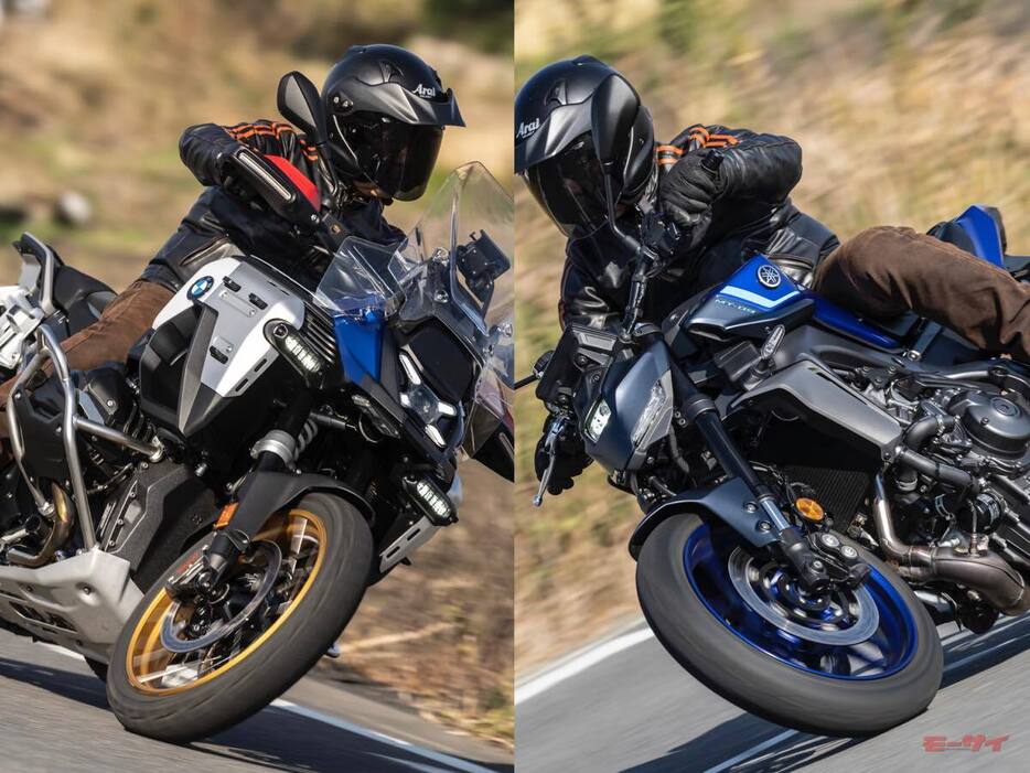 クラッチレスの新機構を採用したBMW R1300GSアドベンチャーASA（左）とヤマハMT-09 Y-AMT（右）