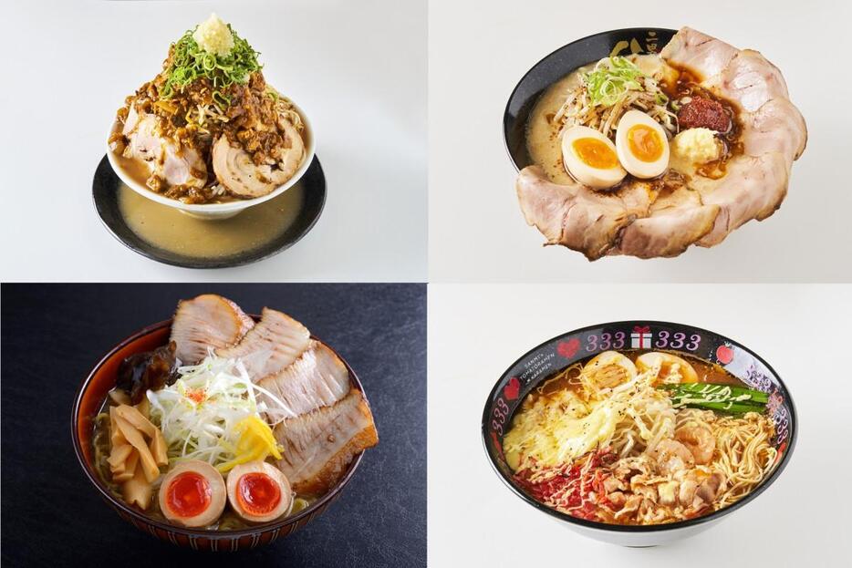 キャナルシティ博多「ラーメンスタジアム23周年祭」で提供の期間限定スペシャルラーメン。左上から時計回りに、「拉麺（ラーメン） 久留米 本田商店」の「ホンダラーメン31号 本田サブローCURRY」、「らーめん二男坊」の「博多豚骨HOT ジンジャー／バスター」、「元祖トマトラーメン三味」の「旨味爆発！！炙りチーズエビマヨトマトラーメン」、「札幌みその～一期一会～」の「炙り豚トロ味噌ラーメン 味玉入り」