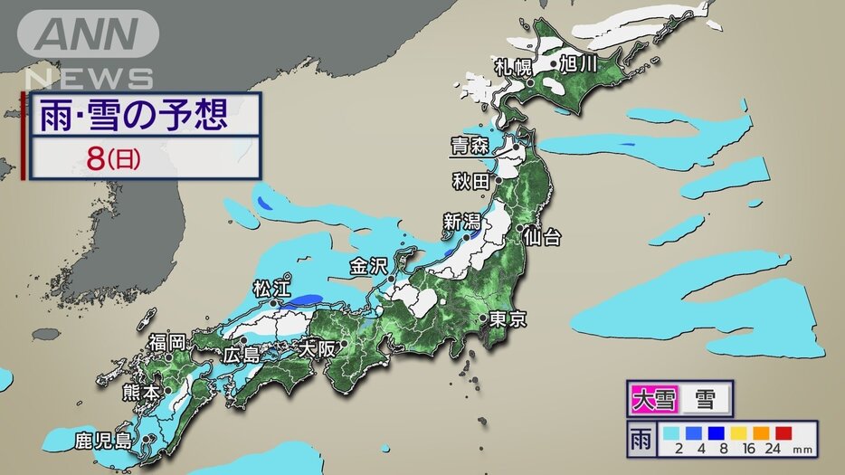 雨と雪の予想　8日（日）　日本海側は広く雪に　山地では大雪に