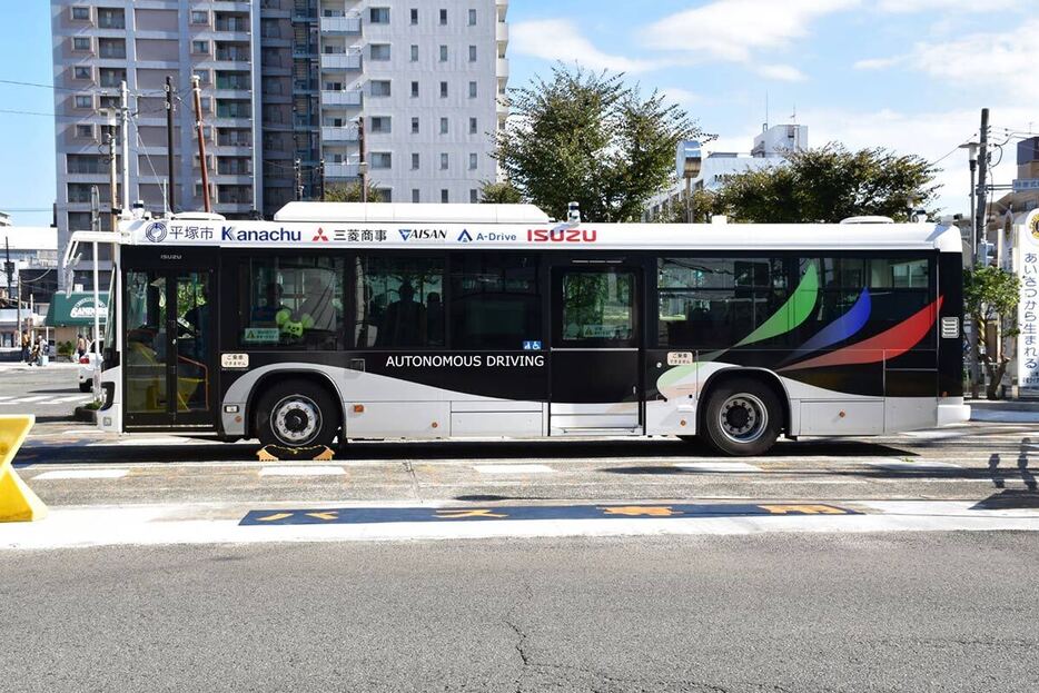 路線バスとほぼ同じ大きさの実験で使用される車両（平塚市提供）