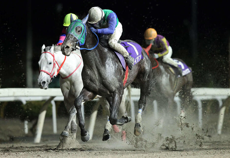 直線で馬場の真ん中を伸びて激戦を制したライアン（提供・岩手県競馬組合）