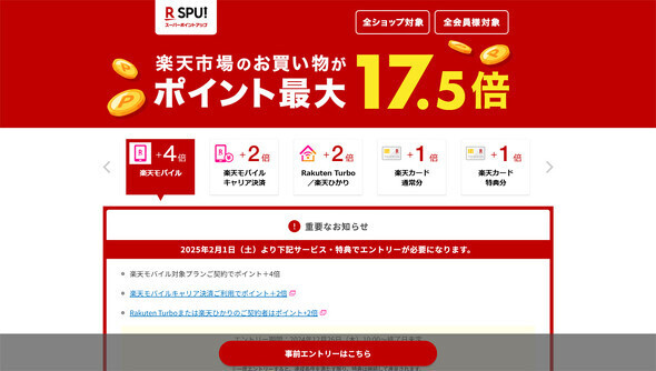 楽天市場のポイントアッププログラム「SPU」が特典の達成条件を変更