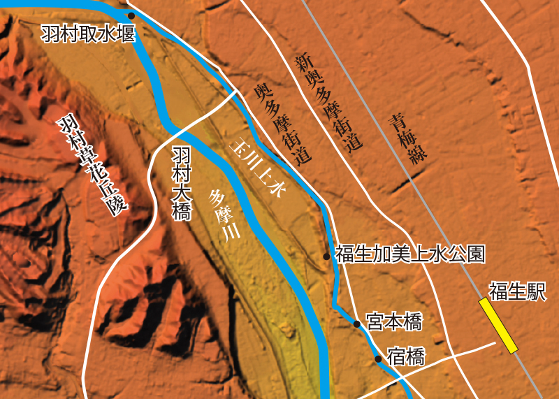 福生加美上水公園付近（地理院地図vectorを加工して作成／山と溪谷社）