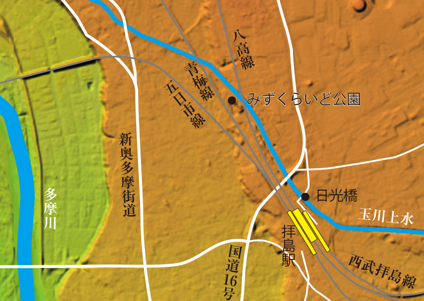 みずくらいど公園付近の地図（地理院地図vectorを加工して作成／山と溪谷社）