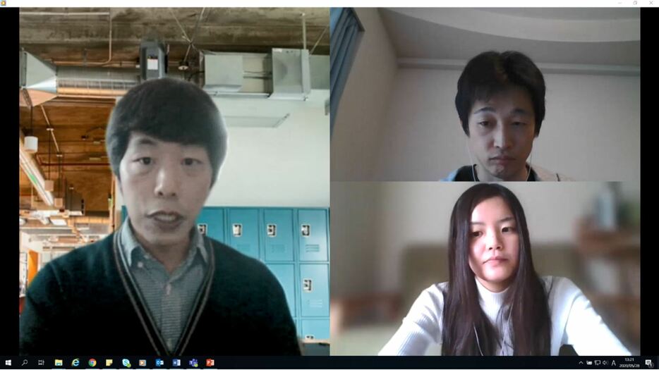 [写真]東京女子大学の田中章浩教授（左）と、話を聞いた科学コミュニケーター片平（右上）、臼田（右下）