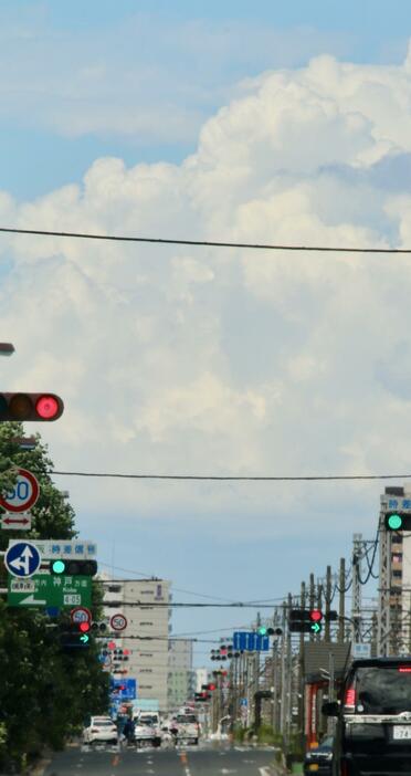 ［写真］紀州街道沿いでは逃げ水も見られ、奥には入道雲も＝10日午後3時ごろ、大阪府堺市堺区で