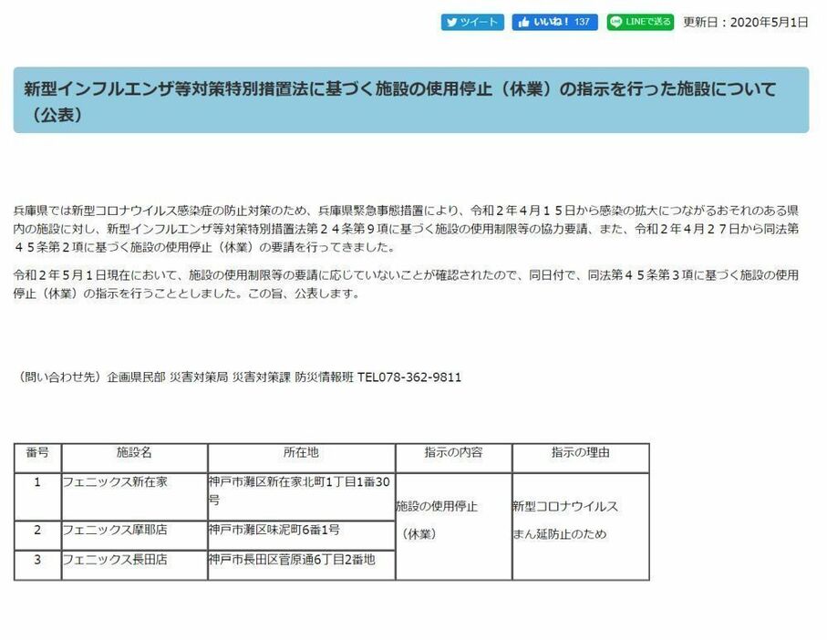 [写真]兵庫県公式サイトで公表されているパチンコ店（兵庫県公式サイトから）