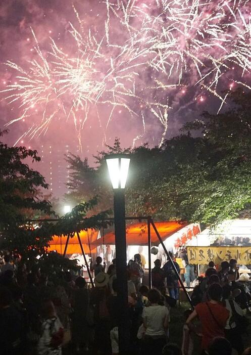 [写真]大阪市北区の造幣局周辺から勢いよく打ち上げられた天神祭の「奉納花火」=25日午後8時40分ごろ、大阪市都島区で（撮影：柳曽文隆）