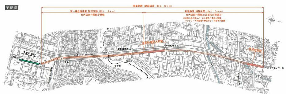 [図]北大阪急行線の延伸概要図（提供：北大阪急行電鉄）