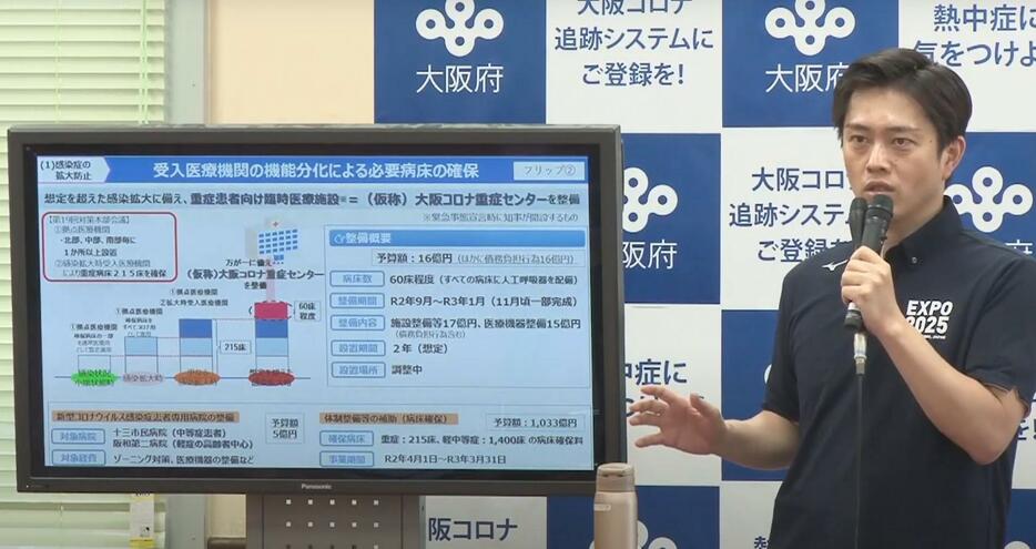 [写真]大阪コロナ重症センター（仮称）について説明する大阪府の吉村洋文知事＝1日午後、大阪府庁で