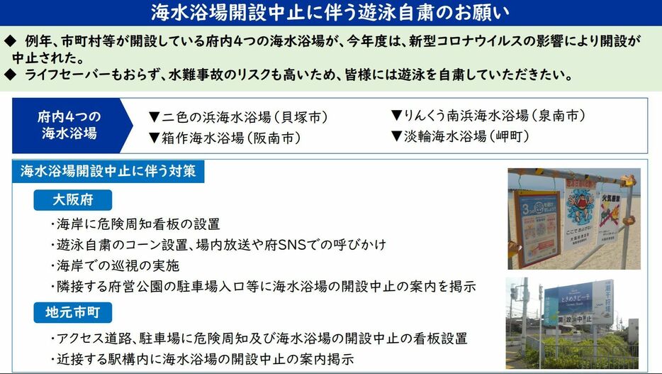 ［画像］海水浴場開設中止の説明（大阪府の発表資料から）