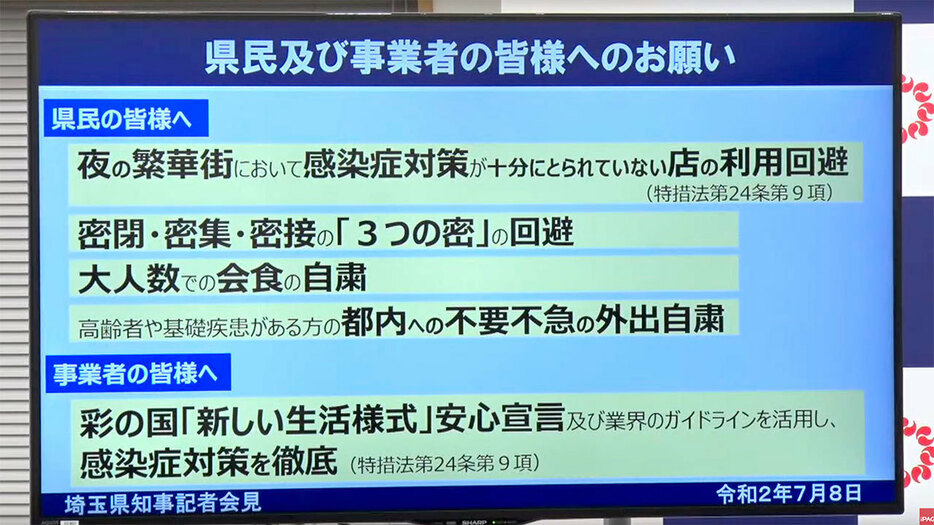 大野知事は県民と事業者に協力を呼びかけた（大野知事会見資料）=8日午後4時半ごろ