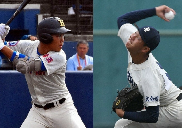 花咲徳栄の4番・井上朋也（左）と大分商のエース・川瀬堅斗