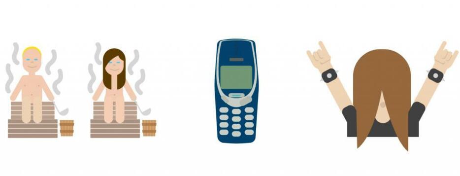 フィンランド政府の公式絵文字。左から、サウナ、壊れないノキアの携帯電話、ヘッドバンガー