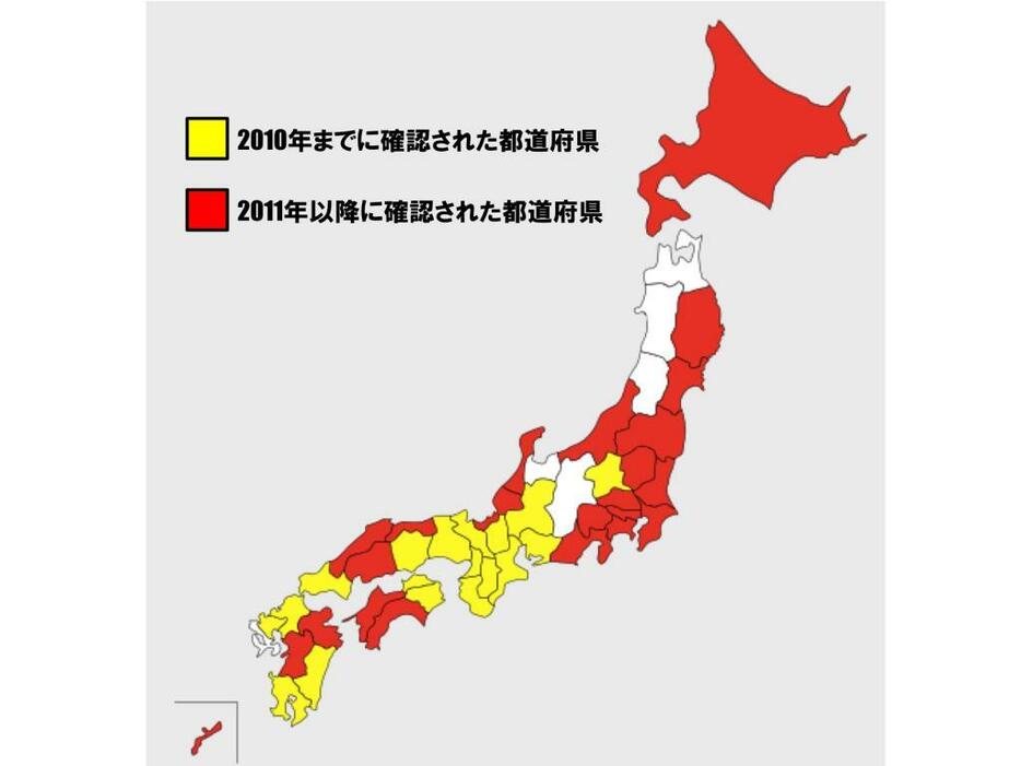 セアカゴケグモの生息が確認された都道府県