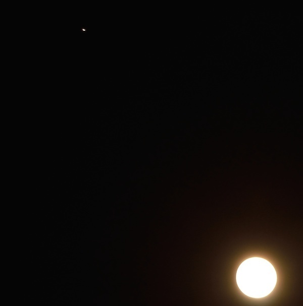 [写真]月と並んだ火星。月の左上に小さく光る星が火星（2014年4月11日午後11時23分、林直樹氏撮影）